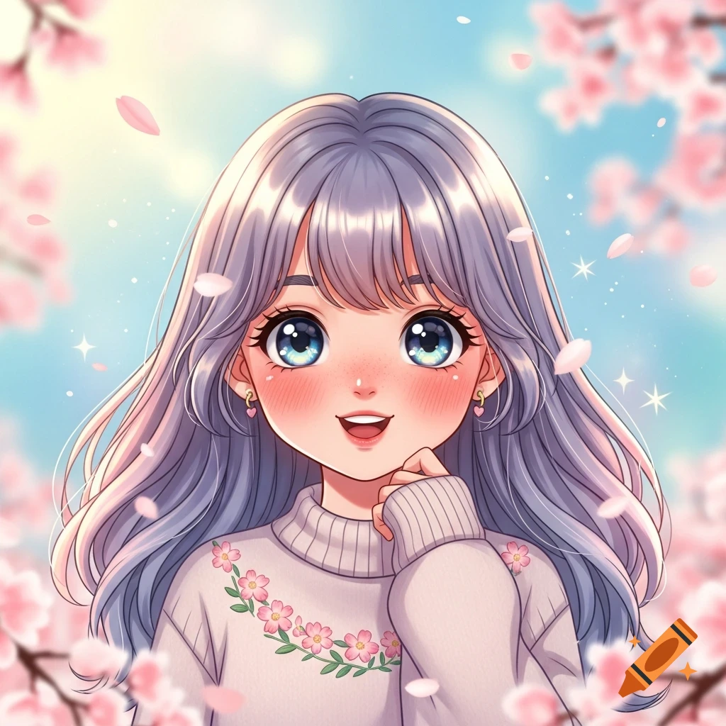 Cute anime girl with long silver hair, big blue eyes, and rosy cheeks in a floral sweater, surrounded by pink cherry blossoms under a blue sky.