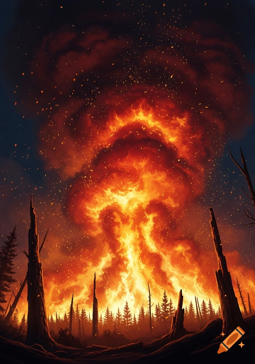 Massive wildfire with towering orange and red flames and smoke over a dark forest, with embers flying.