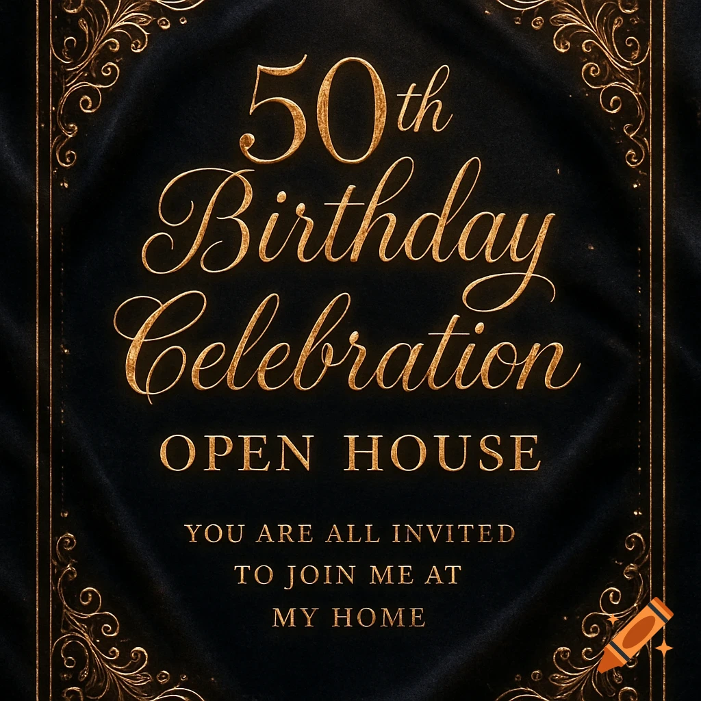An elegant 50th Birthday Celebration invitation with golden script on a dark velvet background, framed by ornate golden borders.