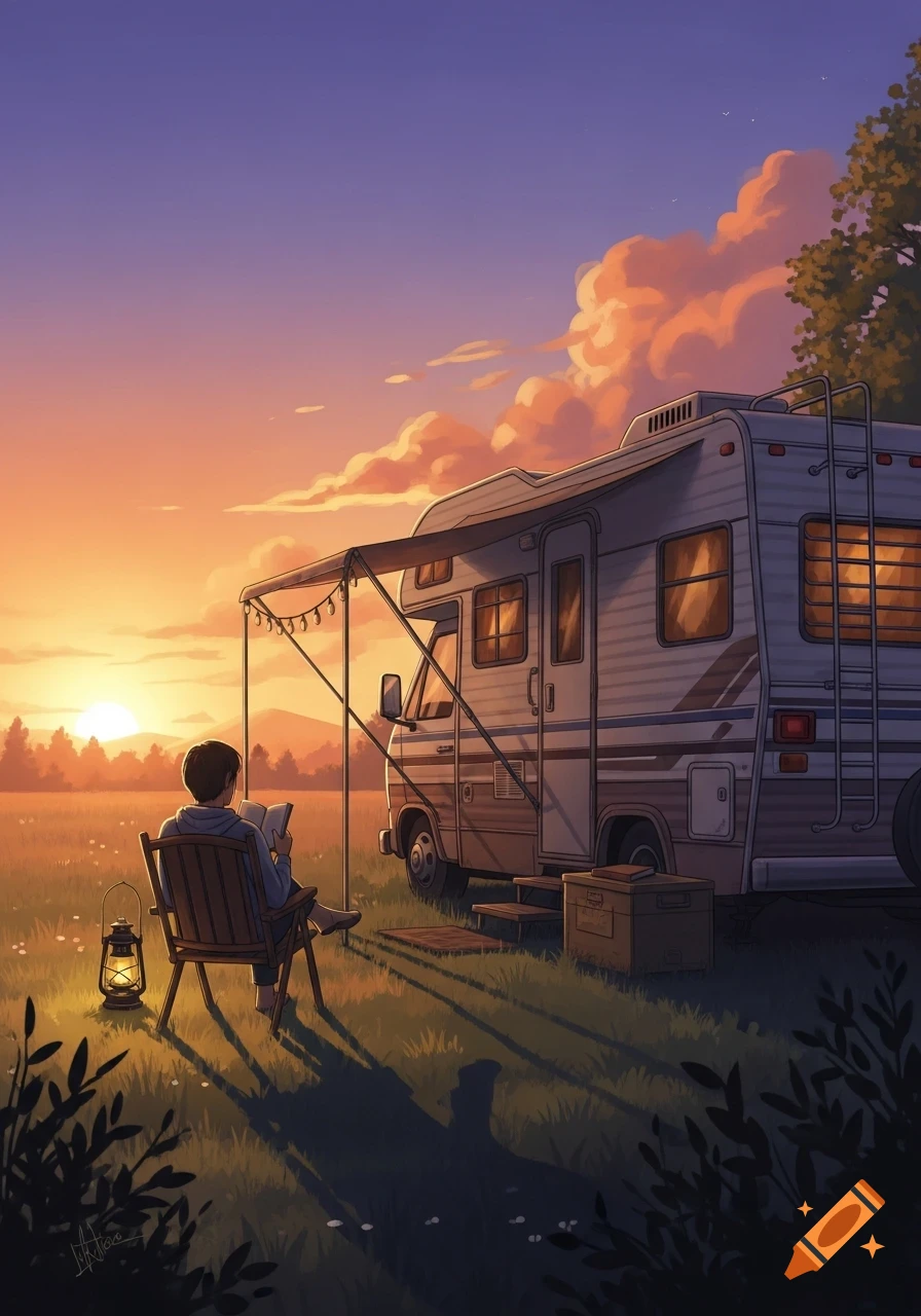 An illustrated scene of a person reading on a chair in front of a motorhome in a grassy field at sunset.