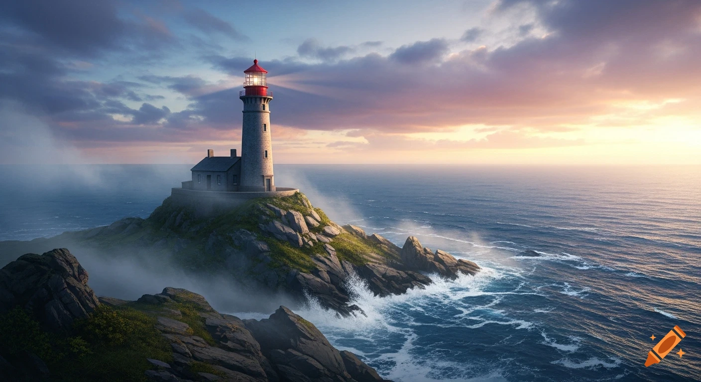 A tall lighthouse with a red cap stands on a rocky island cliff, with mist rising from the ocean at a vibrant sunset.