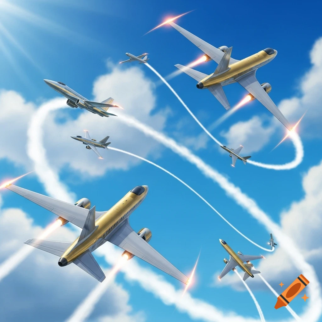 Multiple stylized gold and silver airplanes fly through a bright blue sky with white clouds, leaving white contrails.