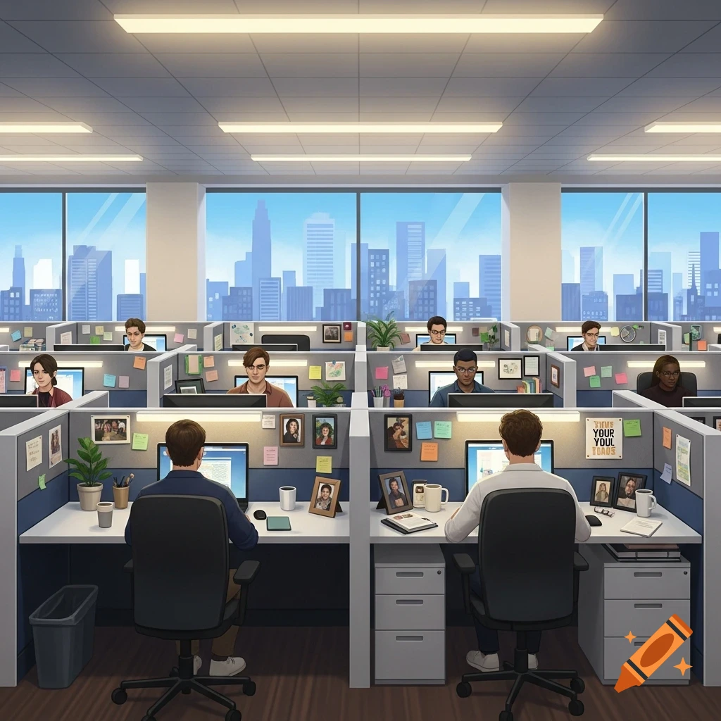 Diverse people working in cubicles in a modern office with a city skyline view, stylized illustration.