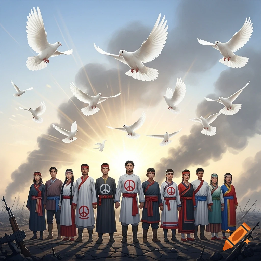 Diverse group in traditional clothes with peace symbols on a battlefield, white doves flying above.