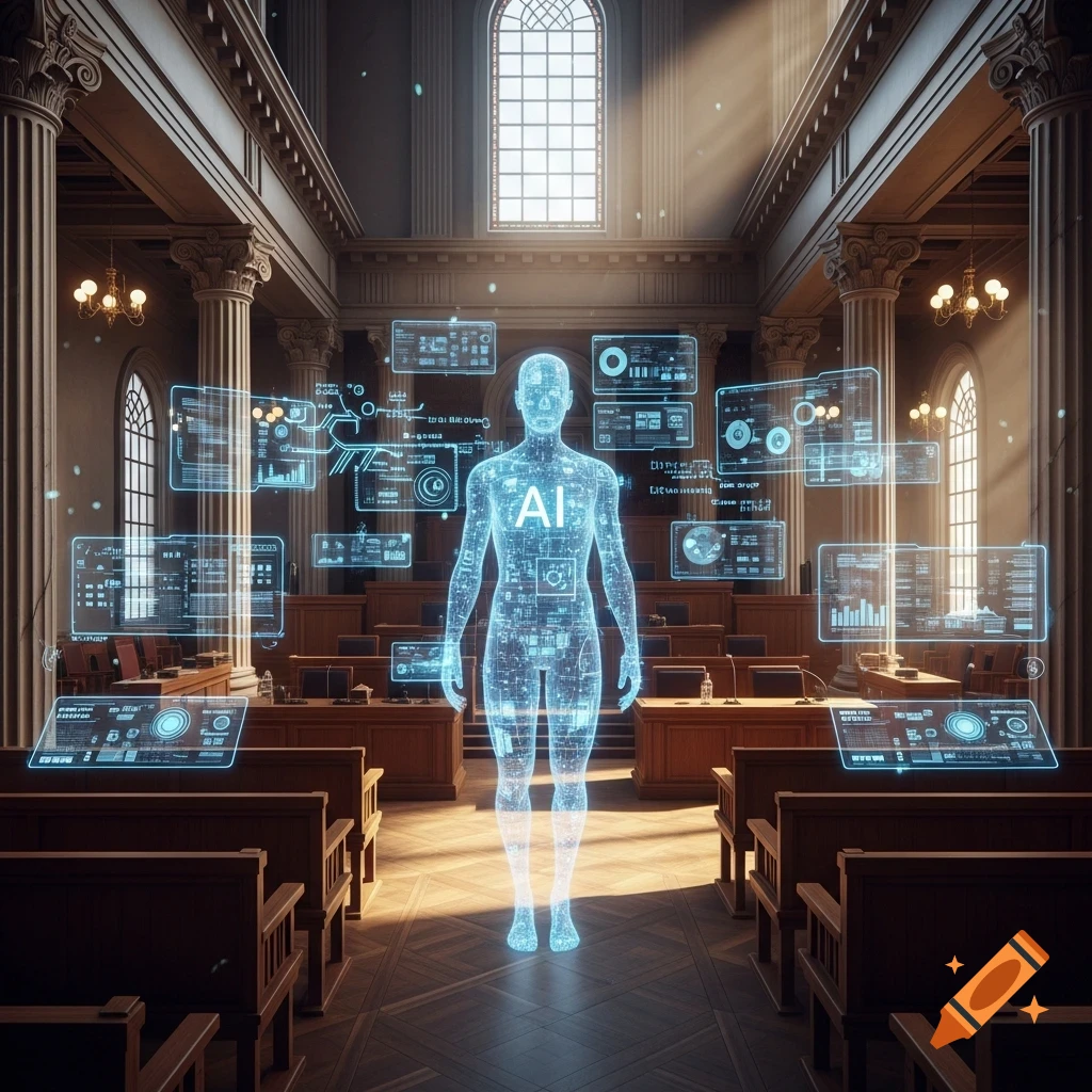 A glowing blue holographic human figure labeled 'AI' stands in a grand, ornate courtroom with floating digital data screens around it.