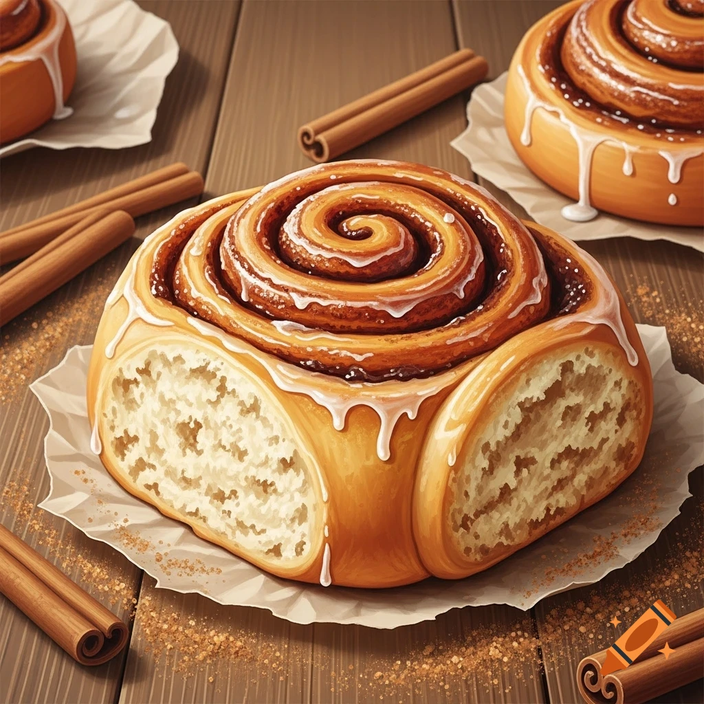 Close-up of three appetizing cinnamon rolls with white icing, sprinkled with cinnamon, and cinnamon sticks on a wooden table.