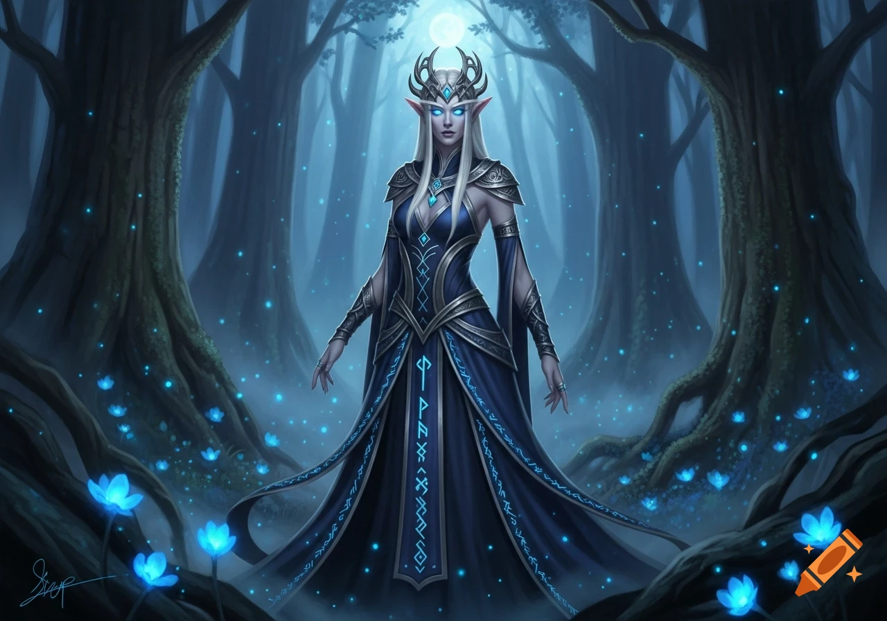 A majestic female night elf with long white hair and glowing blue eyes, wearing an ornate blue and silver gown, stands in a mystical moonlit forest with glowing blue flowers.