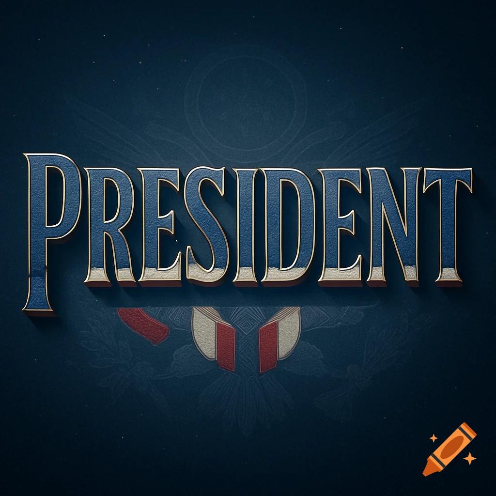 The word PRESIDENT in large, ornate blue and gold letters against a dark blue background with a subtle patriotic emblem.