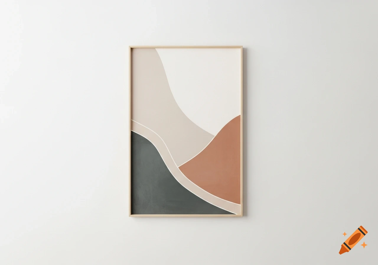 Modern abstract artwork in a light wooden frame, featuring curved shapes in beige, white, dark grey, and terracotta tones on a white wall.
