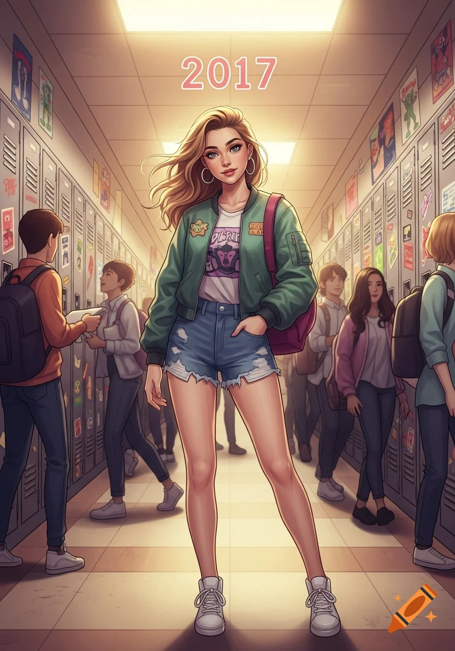 Cartoon illustration of a popular girl in a high school hallway with lockers, "2017" above her.