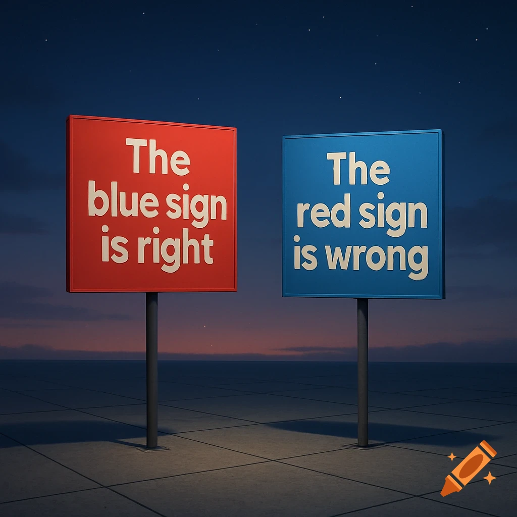A red sign states 'The blue sign is right' next to a blue sign stating 'The red sign is wrong' under a night sky.