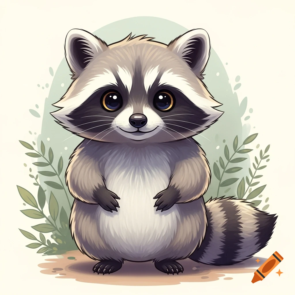 A cute, fluffy cartoon raccoon with large, expressive eyes and a friendly expression stands among green leaves.