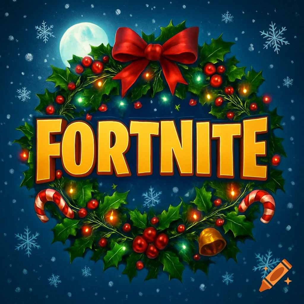 Christmas-themed Fortnite logo with a holly wreath, red bow, and festive lights against a snowy blue background.