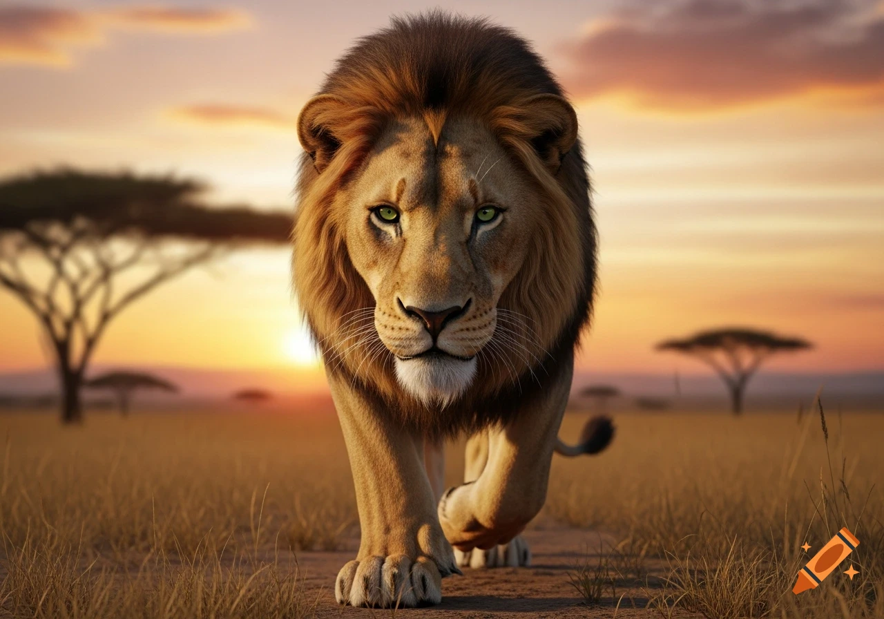 A realistic male lion with green eyes walks towards the viewer on a dirt path in a savanna at sunset, with acacia trees in the background.