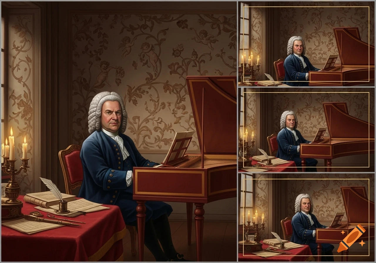 A lifelike depiction of Johann Sebastian Bach in a blue coat and white wig, seated at a harpsichord in a dimly lit, ornate room with candles and sheet music.