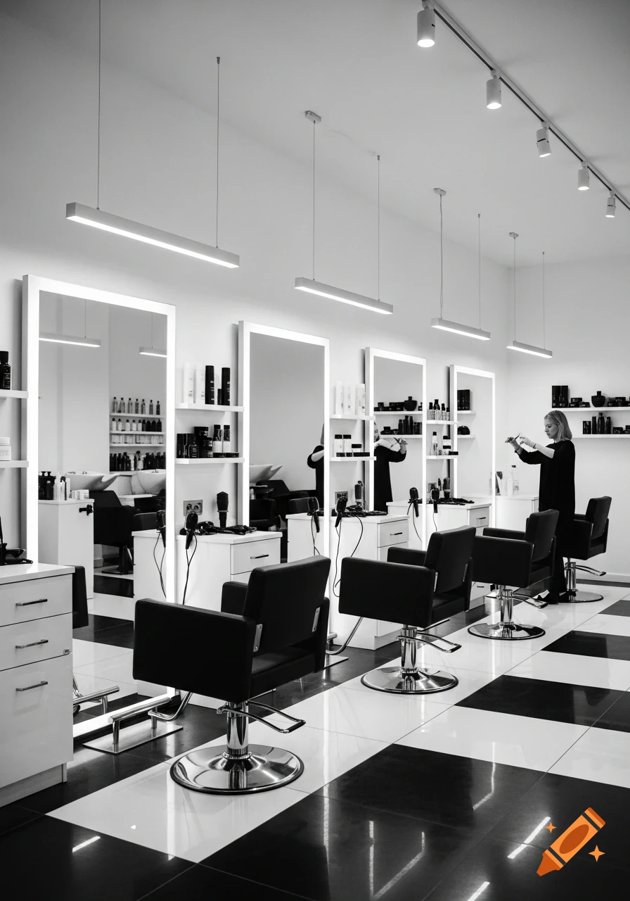 A modern black and white hair salon featuring multiple styling chairs, large illuminated mirrors, and shelves stocked with products, with a stylist visible in the background.