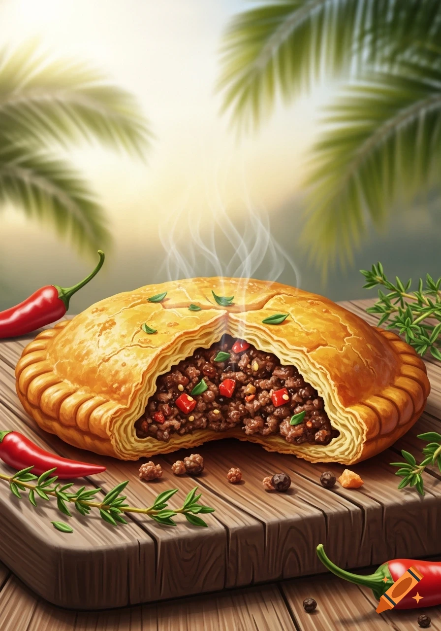 A steaming Jamaican beef patty, cut open to reveal savory meat filling, sits on a wooden board with red chili peppers and herbs.