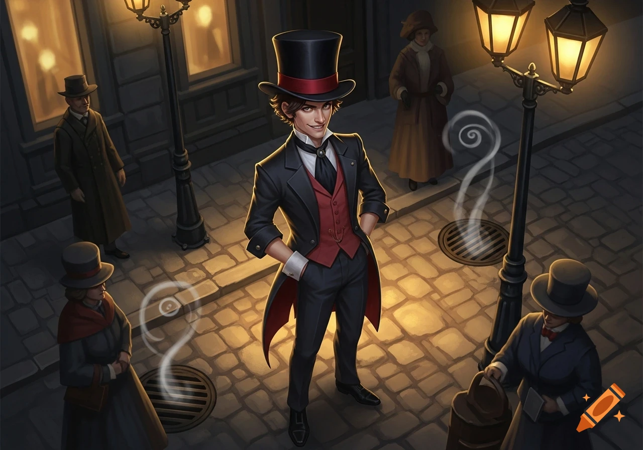 A dapper man in a top hat and suit stands confidently on a cobblestone street at night, illuminated by gas lamps, with other figures in the background.