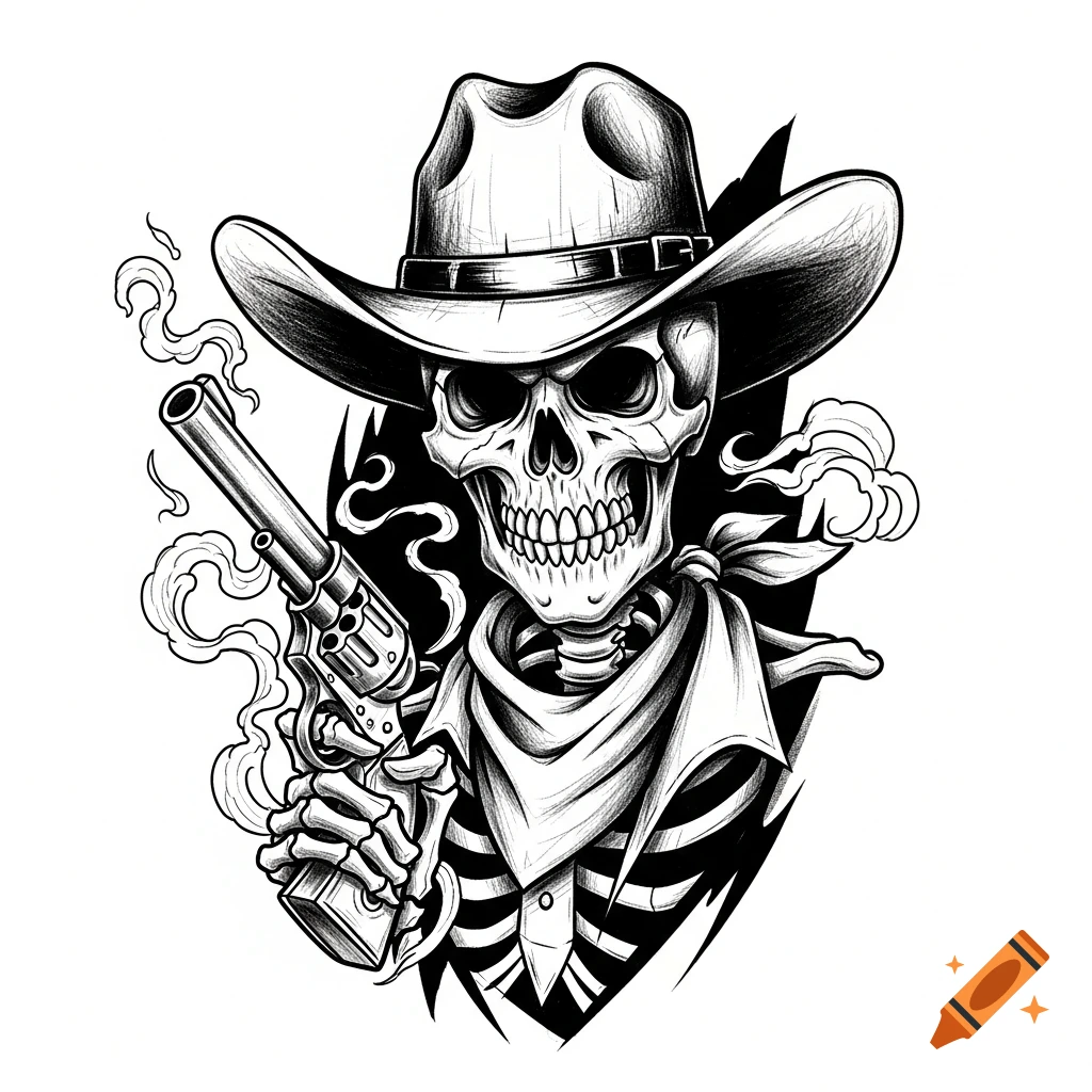 Black and white tattoo sketch of a skeleton cowboy wearing a hat and bandana, holding a smoking revolver.