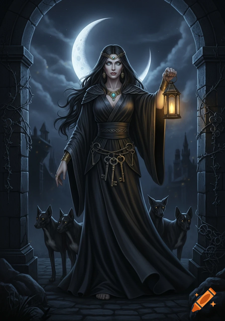 Dark fantasy art of a goddess-like woman with long hair holding a ...