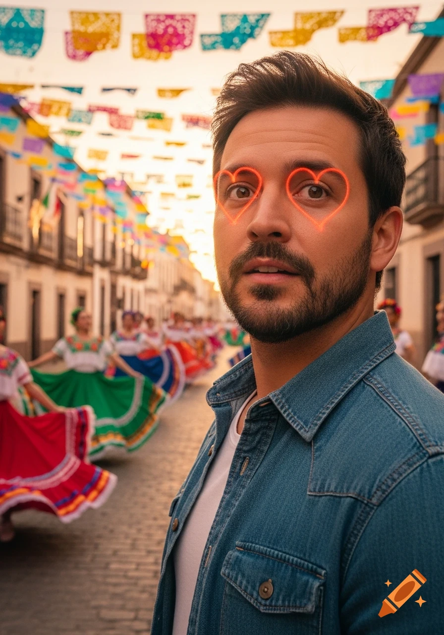 Photorealistic image of a man with glowing heart eyes in a festive Mexican street with traditional dancers.