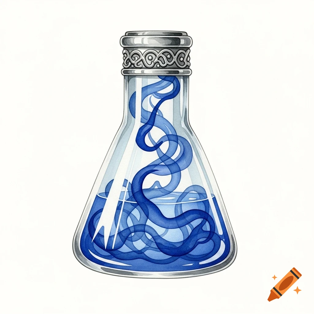 Watercolor manga illustration of a magic flask with swirling blue smoke on a white background.