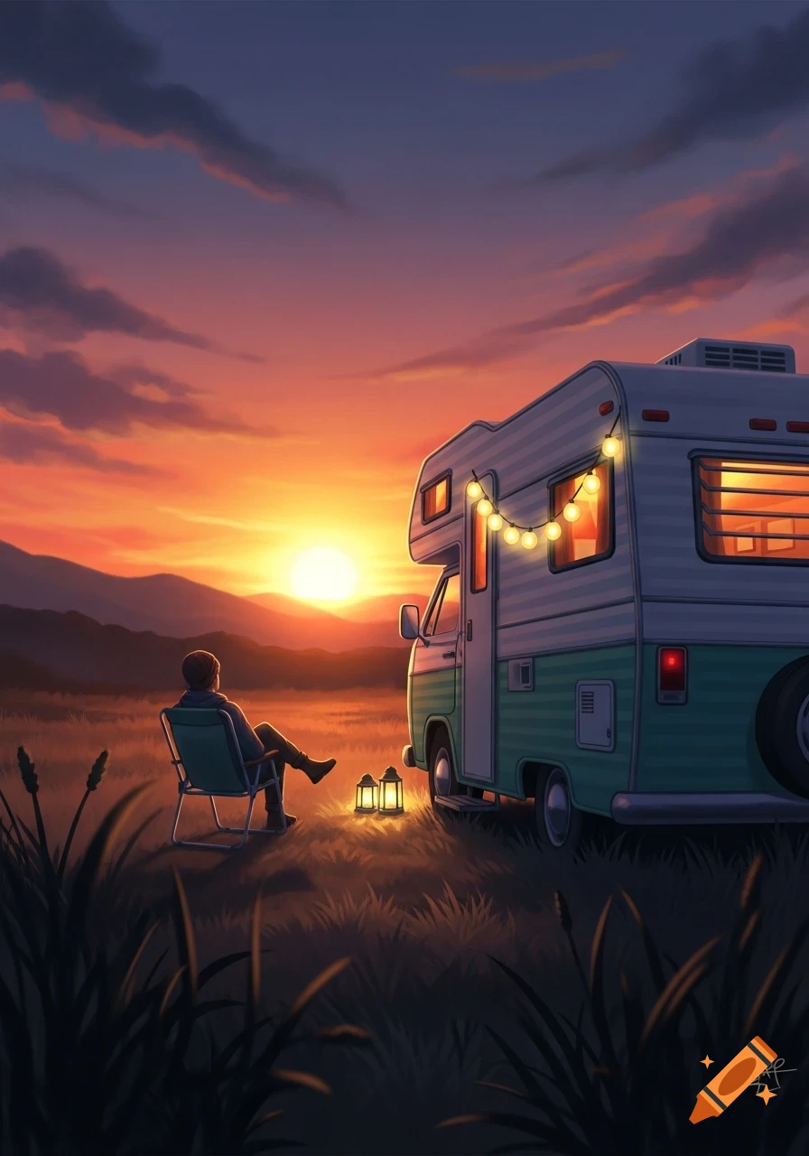 An illustrated scene of a person sitting in a chair in front of an RV with string lights, watching a vibrant sunset over mountains.