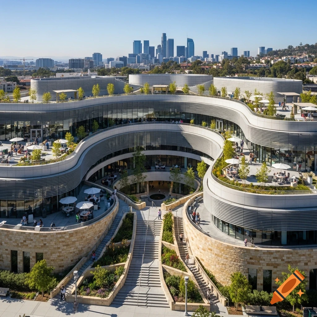 Modern, curved building with tiered green terraces, outdoor seating, and people, overlooking a distant city skyline.