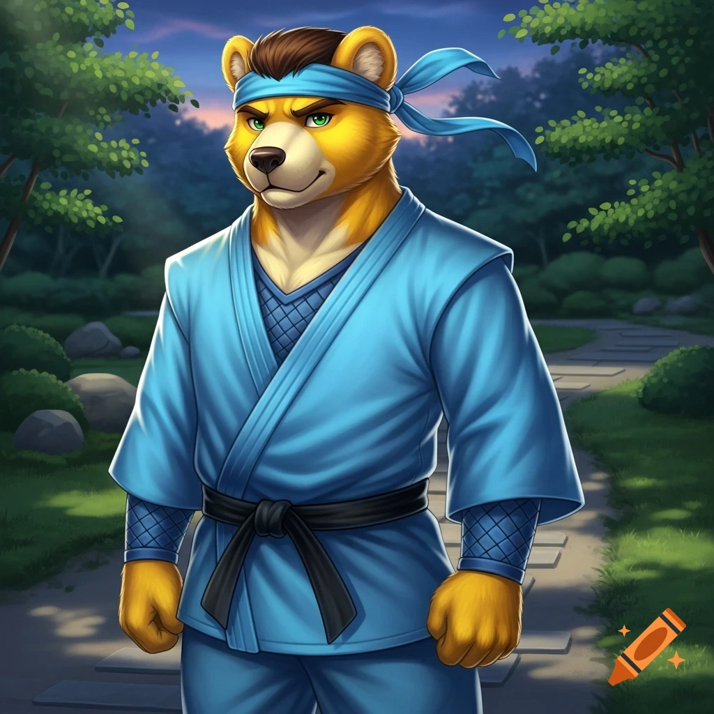 A cartoon golden bear ninja with green eyes, brown hair, wearing a blue gi and black belt, stands on a path in a stylized garden.