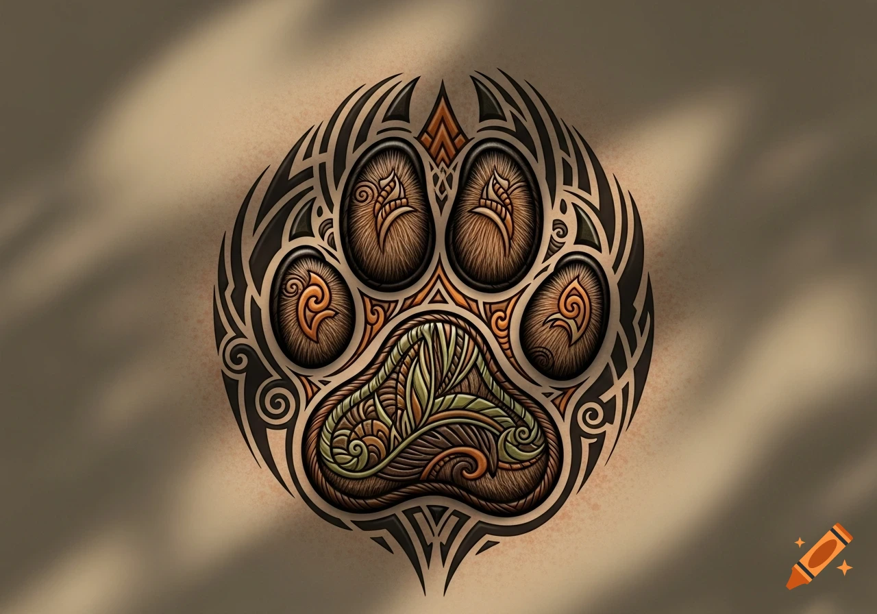 Ornate tribal-style animal paw print design with intricate patterns in brown, orange, and green on a beige background.