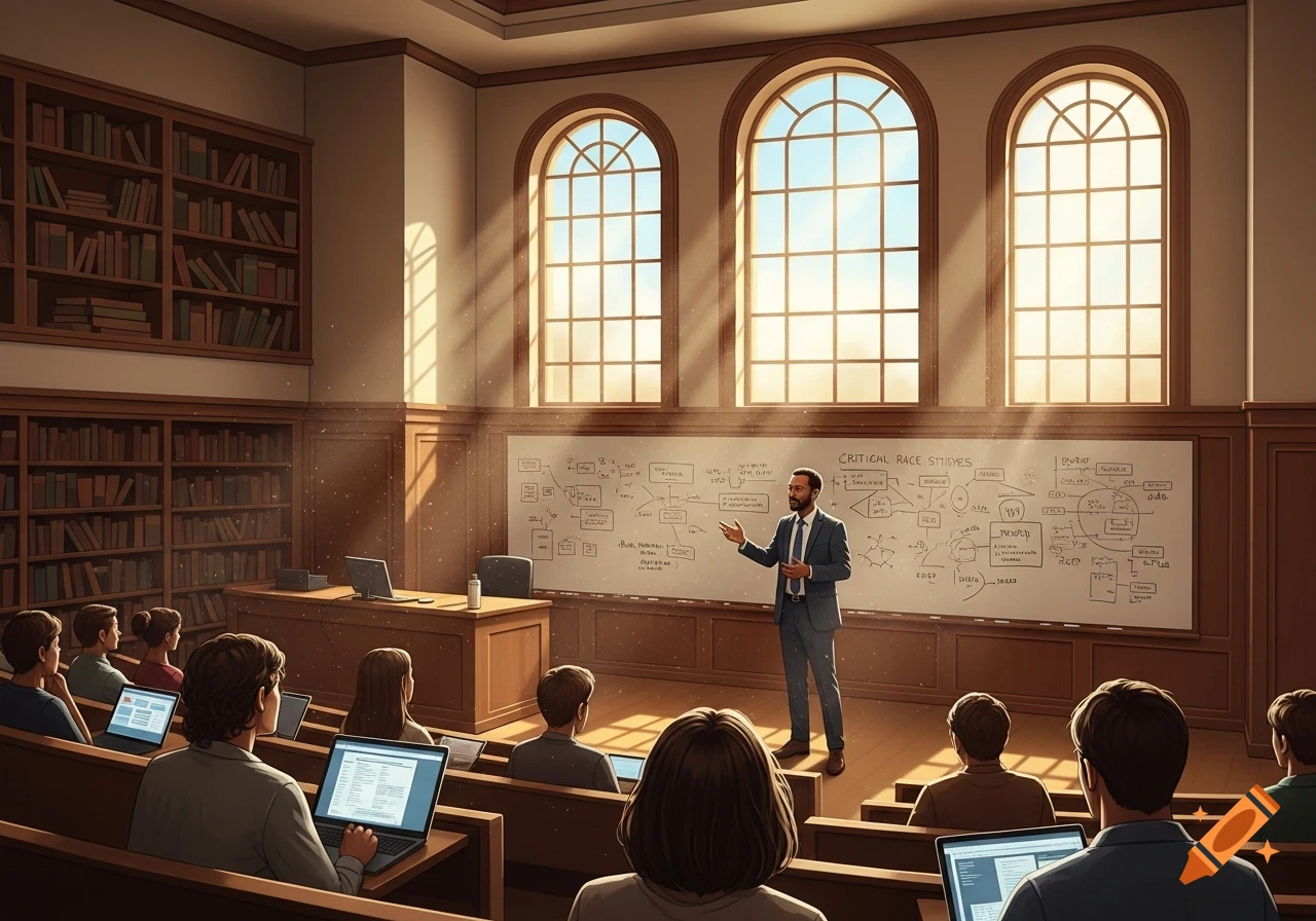 A professor teaches a Critical Race Studies class in a sunlit university lecture hall to students with laptops.