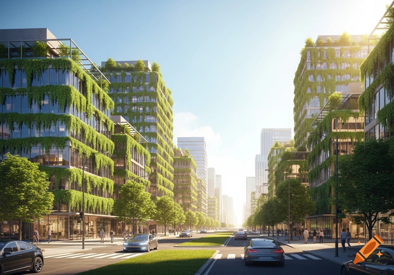 Photorealistic green city street with vine-covered buildings, trees, modern cars, and pedestrians on a sunny day.