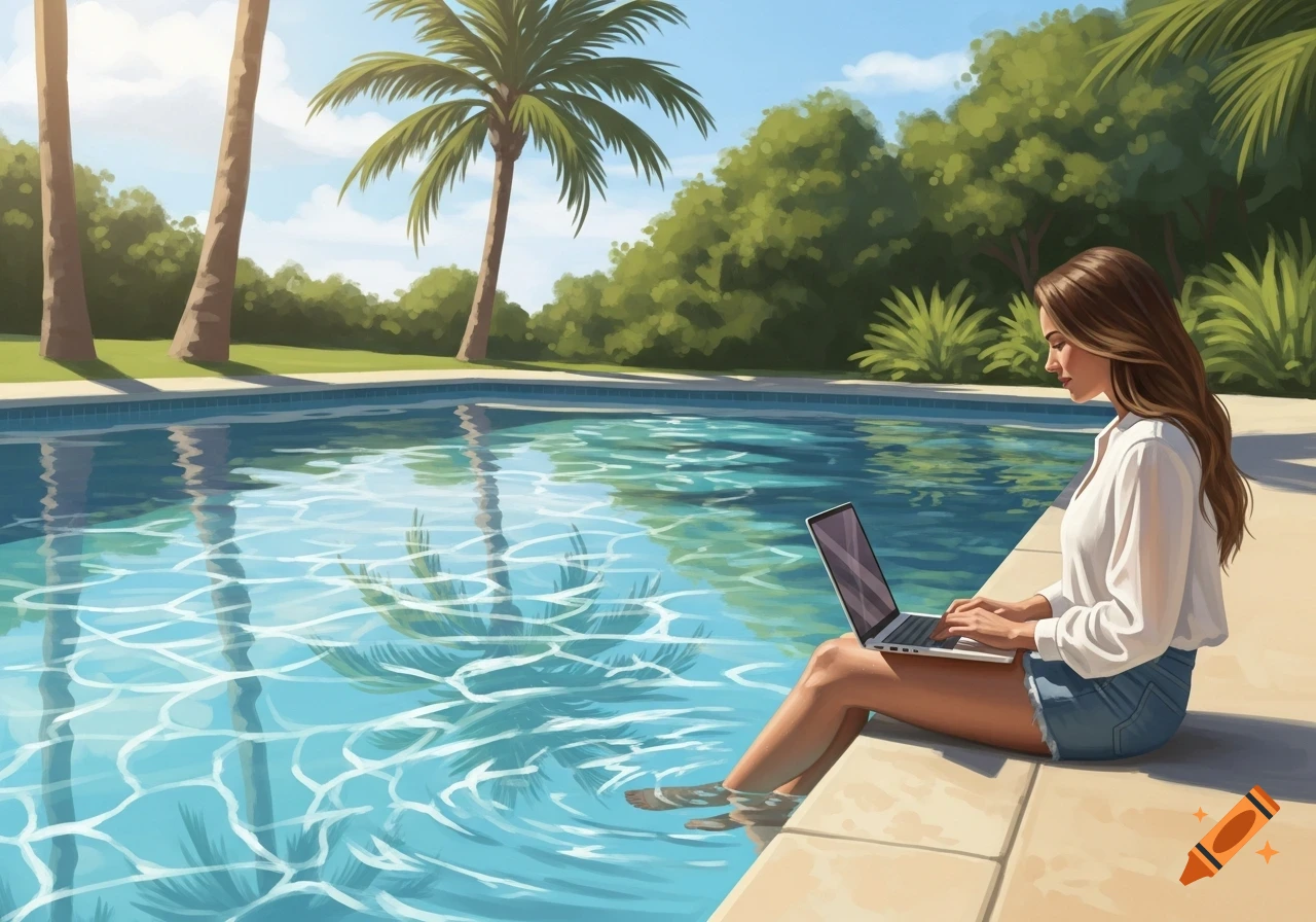 A stylized digital painting of a woman working on a laptop by a swimming pool with palm trees.