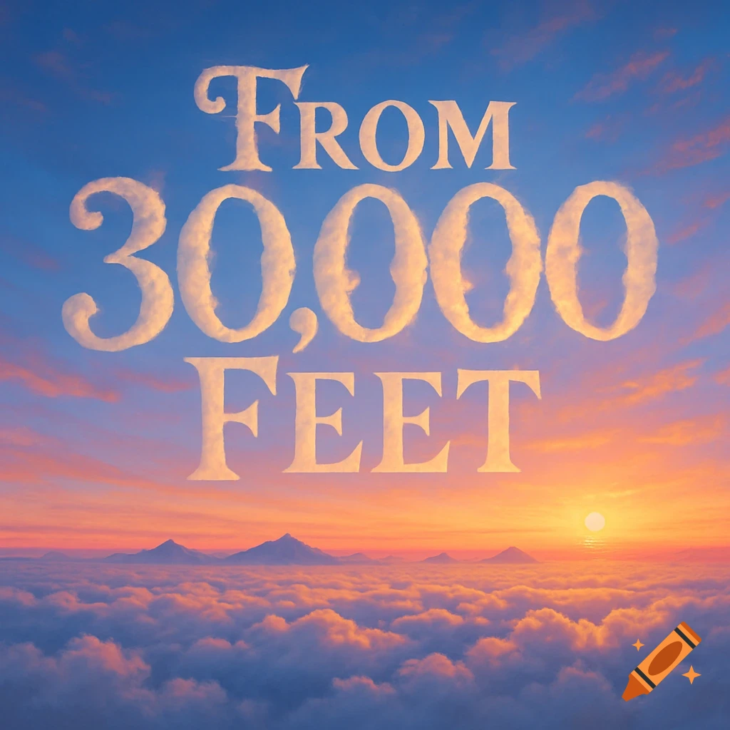 Cloud letters 'FROM 30,000 FEET' against a vibrant sunset sky over mountains and a sea of clouds.