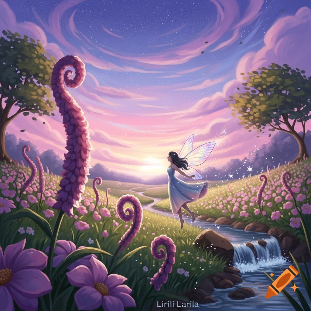 A whimsical illustration of a fairy with glowing wings floating above a stream in a vibrant, purple fantasy landscape at sunset.