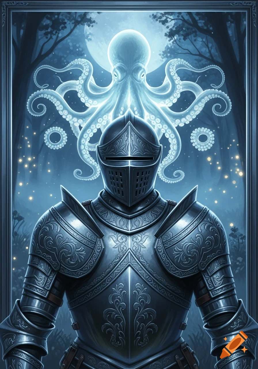 A knight in ornate armor stands against a dark, enchanted forest backdrop with a glowing, spectral octopus above its head.