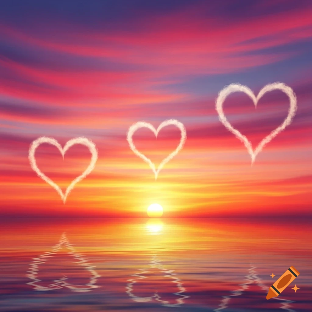 Vibrant sunset over calm water with three heart-shaped clouds in the fiery red and orange sky.