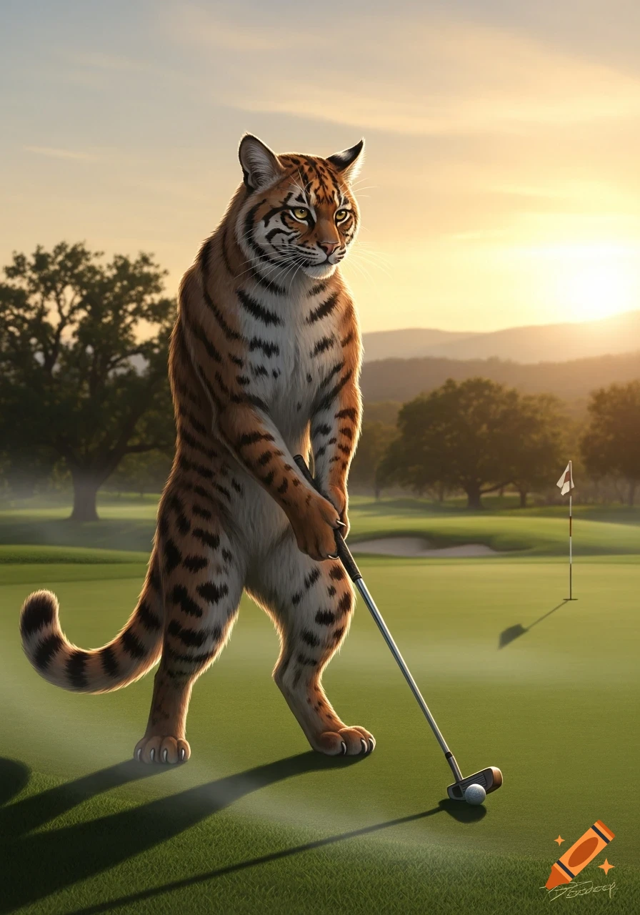 A realistic anthropomorphic tiger stands on a golf course holding a putter, ready to hit a golf ball at sunset.