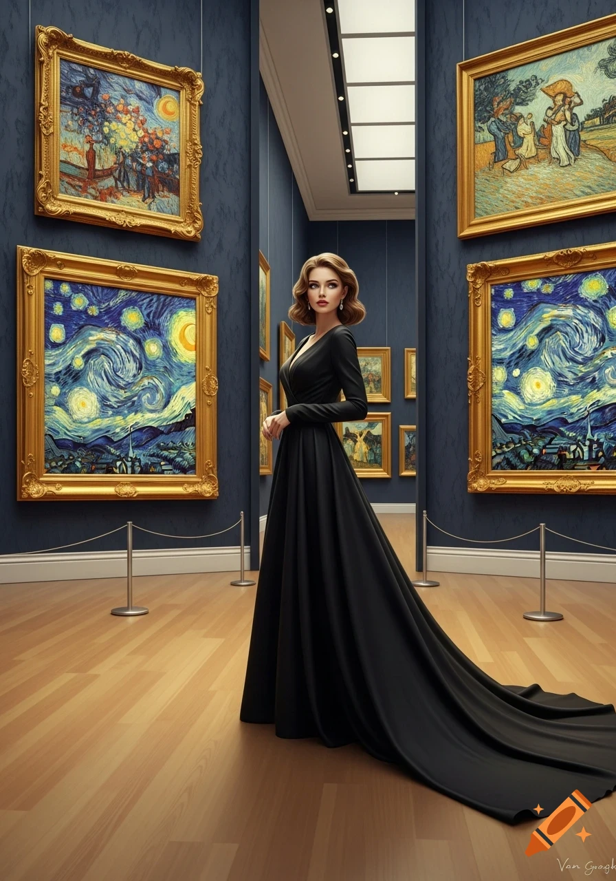 A stylish woman in a flowing black gown stands in an art gallery adorned with large, golden-framed Van Gogh-style paintings.