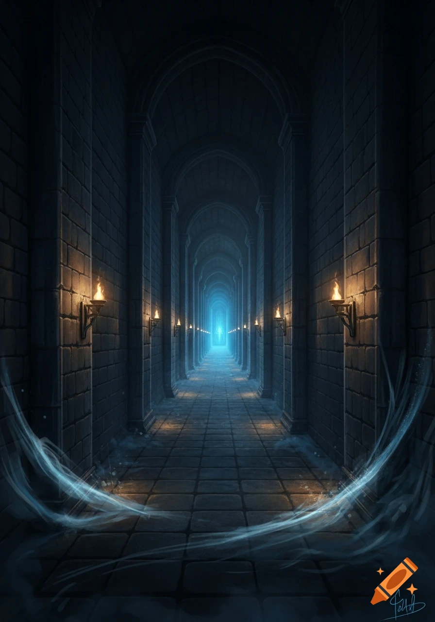 A dark, long fantasy stone corridor with torches and glowing blue ethereal light at the end, and blue wisps on the floor.