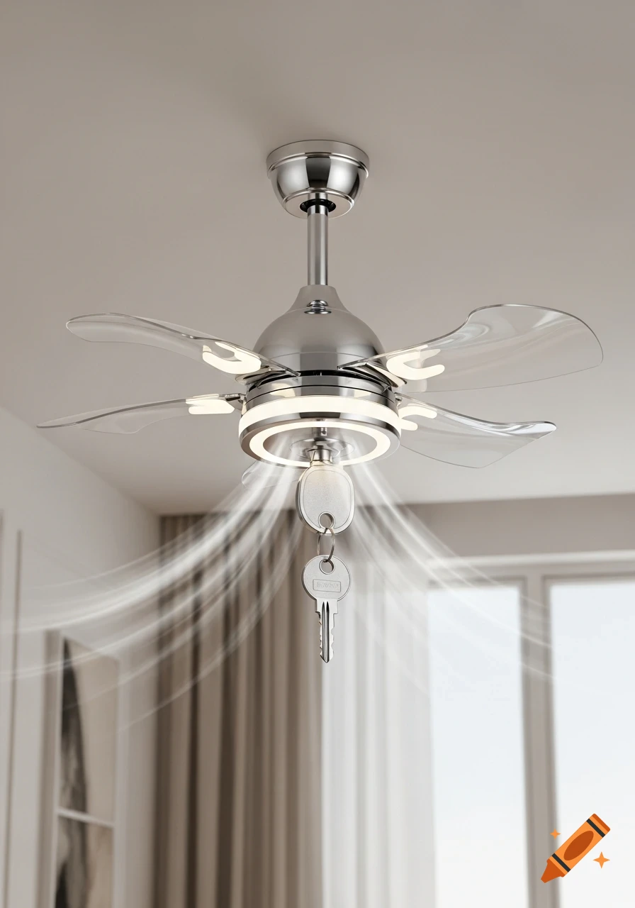 A modern chrome ceiling fan with clear blades and a circular LED light, with two silver keys hanging below it and stylized airflow lines.