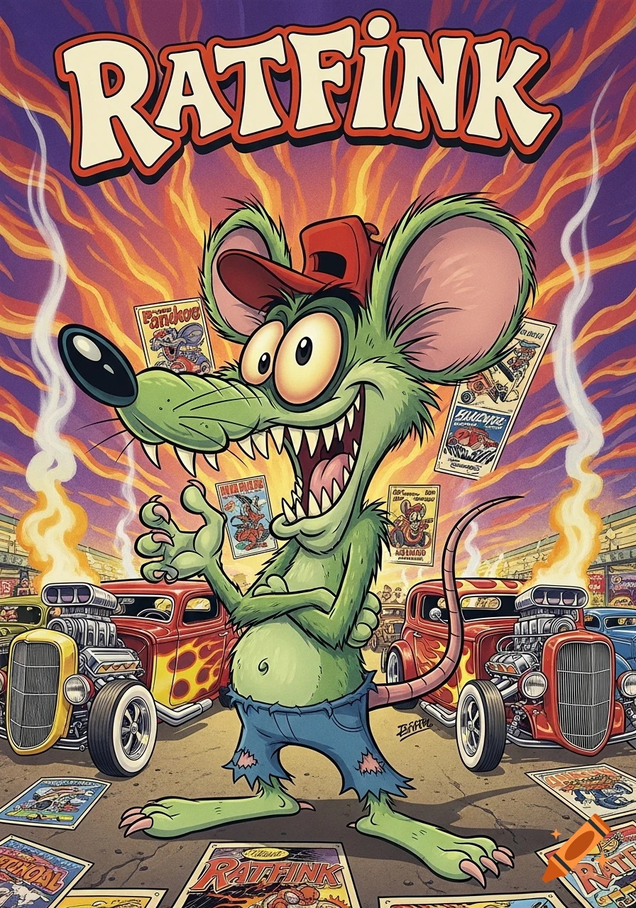 A vibrant cartoon poster featuring the green rat character Rat Fink in a red cap and torn jeans, surrounded by classic hot rod cars with flames, and smaller Rat Fink posters flying around, all under a fiery sky.