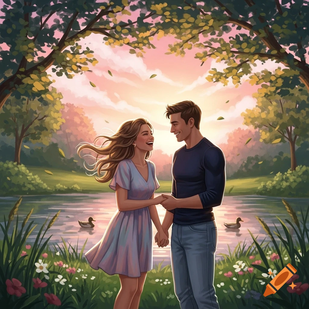 Stylized illustration of a happy couple holding hands and laughing by a ...