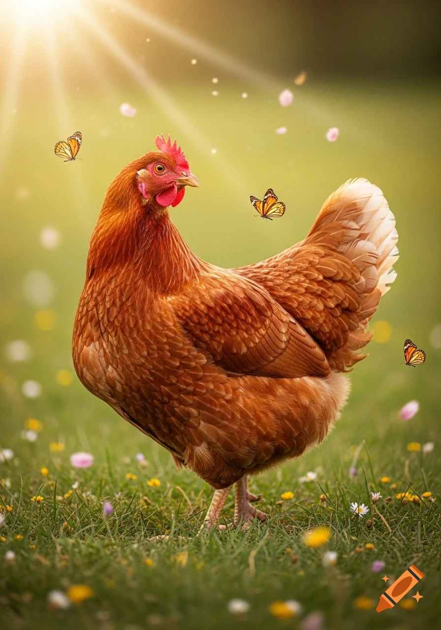 A brown hen stands in a sunny green field with small flowers and butterflies, light rays shining from above.