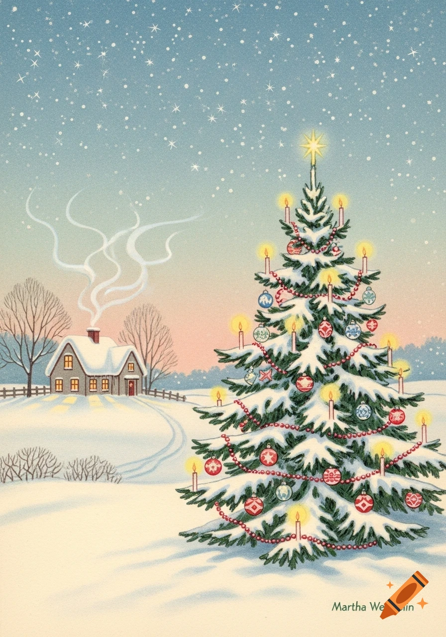Vintage Christmas card illustration of a snowy cottage and a decorated Christmas tree under a starry winter sky.