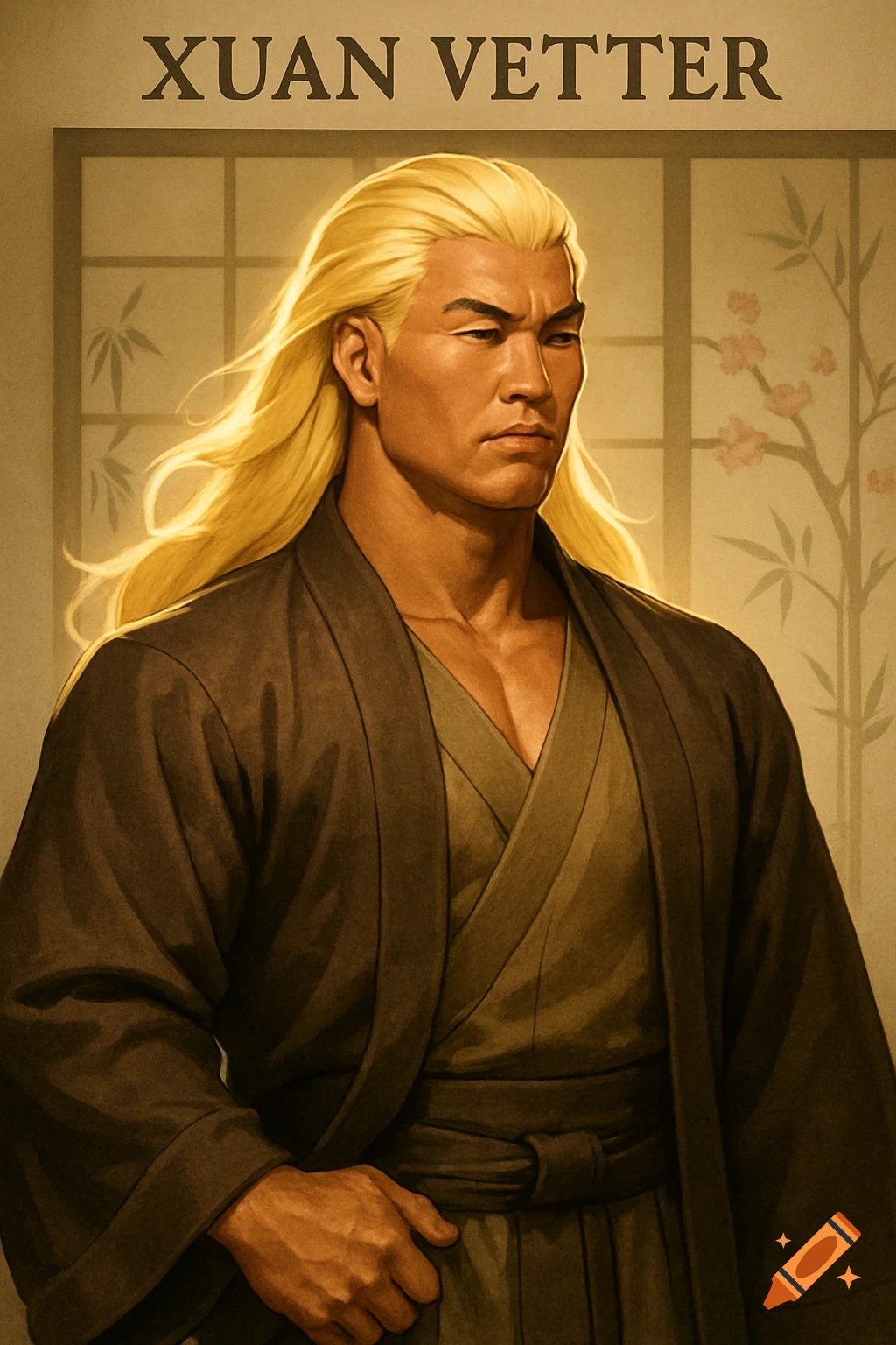 A stern man with long blond hair and Asian features, wearing a dark robe, stands before a shoji screen with bamboo and cherry blossoms. Title: Xuan Vetter.