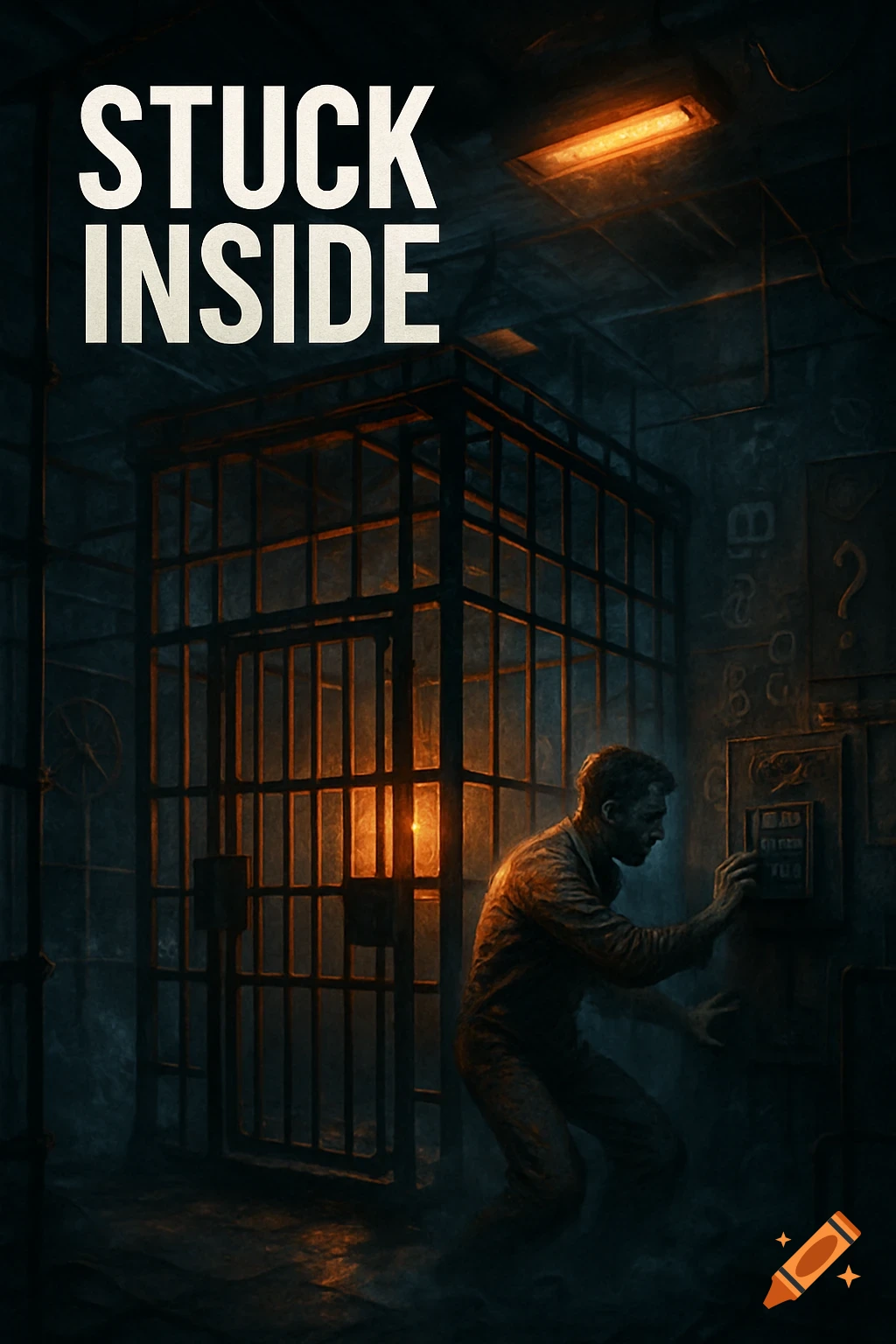 A man in a dark, grimy room works on a control panel next to a large cage, with the title "STUCK INSIDE" above. Stylized art.