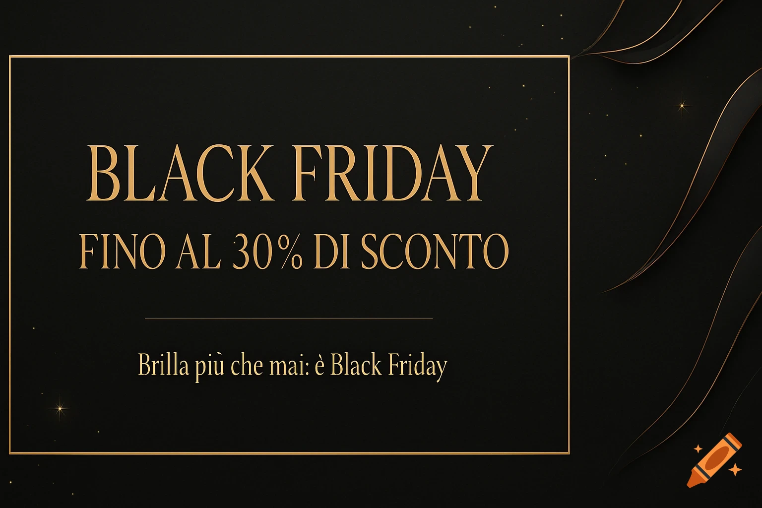 Luxury Black Friday banner with gold text on black, announcing 'Black Friday - Up to 30% off' and 'Shine more than ever'.