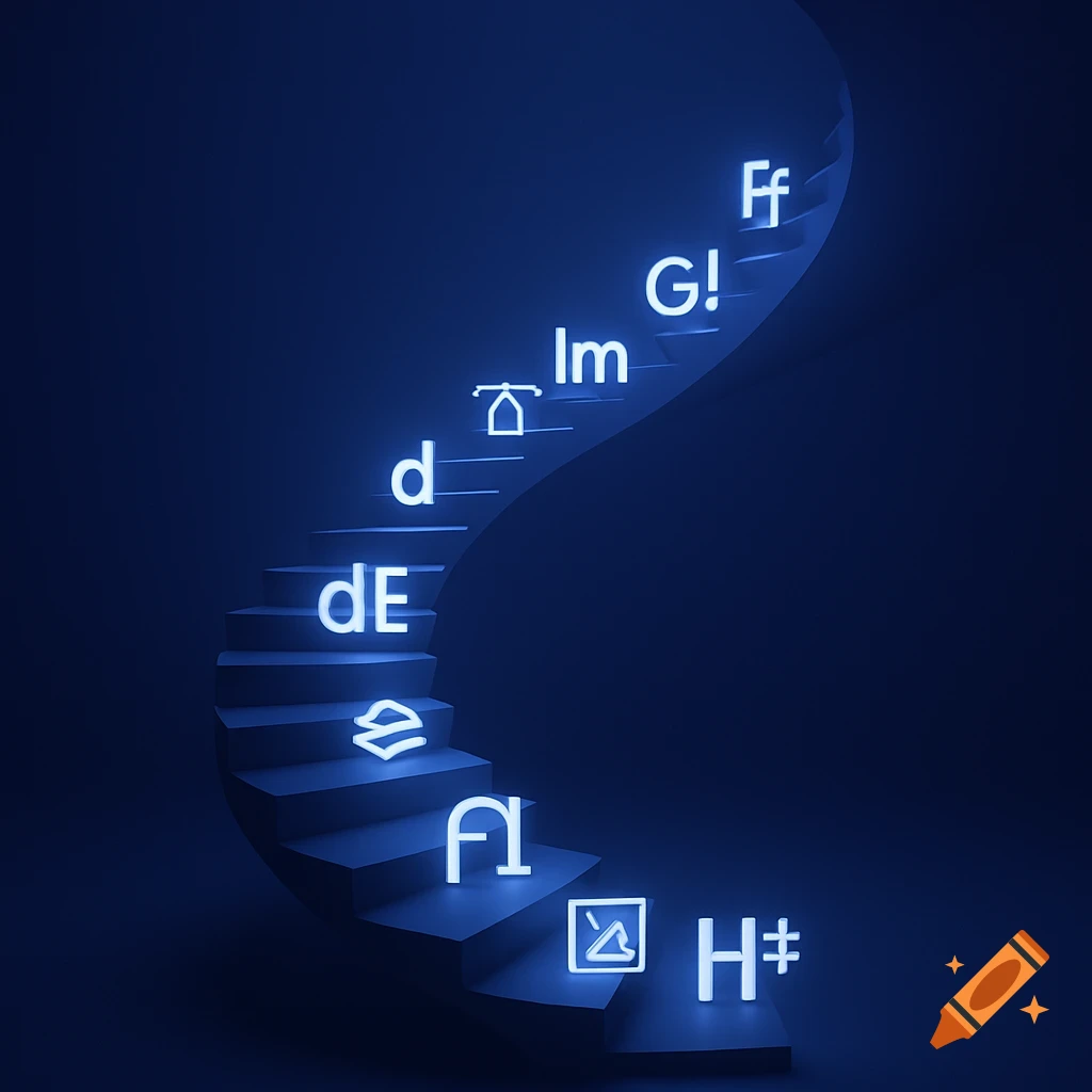 A glowing blue spiral staircase made of individual letters and design icons against a deep ultramarine background in a minimalist 3D rendering.