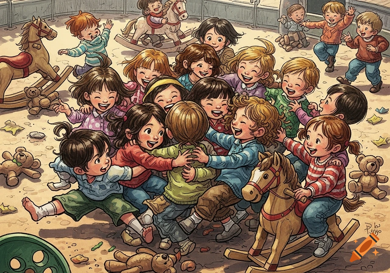 A large group of happy children playing together with rocking horses and teddy bears in a warm, illustrative style.
